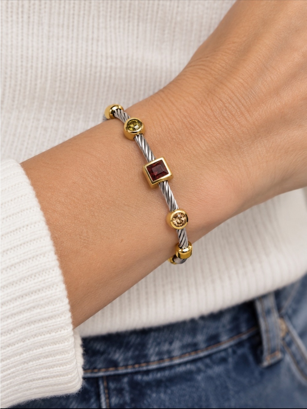 Two-Tone Cable Bracelet with Gold Accents and Red, Green & Yellow Stones NEW
